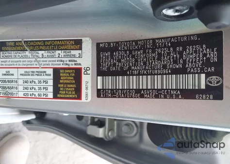 2015 Toyota Camry Le/Xle/Se/Xse from USA, damaged, VIN 4T1BF1FK1FU890964